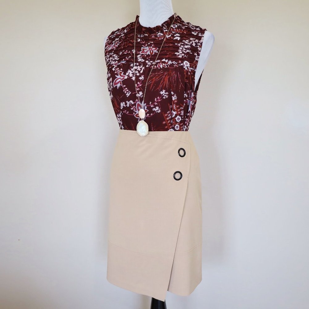 ANN TAYLOR LOFT Size 10 Maroon Beige Tan Skirt Blouse Set Sleeveless Career